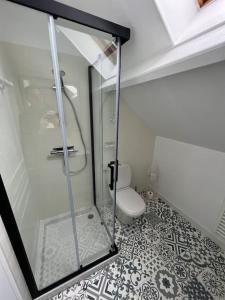 a bathroom with a glass shower and a toilet at Charmante maison en Brenne in Vendoeuvres