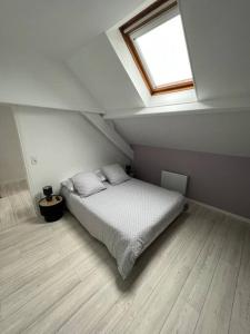 a bedroom with a bed and a skylight at Charmante maison en Brenne in Vendoeuvres