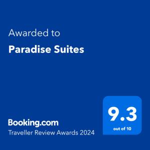 Certifikát, hodnocení, plakát nebo jiný dokument vystavený v ubytování Paradise Suites