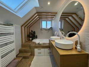 Coulaines的住宿－Havre de Vacances Piscine Reve au Mans，一间带两个水槽和天窗的浴室