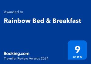 Certifikát, hodnocení, plakát nebo jiný dokument vystavený v ubytování Rainbow Bed & Breakfast