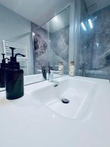 bagno con lavandino bianco e specchio di Le Scandinave - PROCHE MACON - PARKING GRATUIT - NETFLIX a Pont-de-Veyle