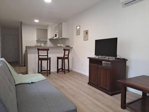 a living room with a couch and a tv and a kitchen at Nuevo, apartamento completo, opción parking, en Cordón Soho in Montevideo