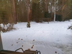 un patio cubierto de nieve con un banco y árboles en Saunallinen rivitalohuoneisto A1 59m2, en Säviä