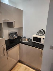 a small kitchen with a sink and a microwave at City Sparrow Apartment 2B in London