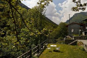 CranaにあるWild Valley Forest View 4 in Valle Onsernoneの柵付近の芝生のテーブルと椅子