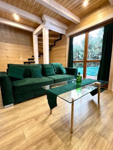 een woonkamer met een groene bank en een tafel bij Highlander - drewniany dom w Beskidach in Kamesznica