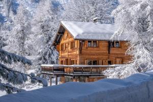 domek z bali na śniegu z drzewami pokrytymi śniegiem w obiekcie Spacious family chalet with balcony and garden w Chamonix-Mont-Blanc