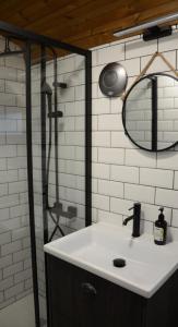 a bathroom sink with a shower and a mirror at VAGONBublava in Bublava