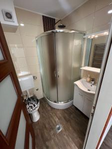 W łazience znajduje się prysznic i umywalka. w obiekcie Apartment Marija w mieście Tisno