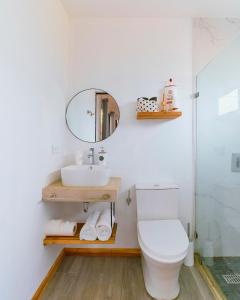 ein Badezimmer mit einem WC, einem Waschbecken und einem Spiegel in der Unterkunft Al Caribe Sur Villa Privada con 2 Dormitorios y 2 baños in Puerto Viejo