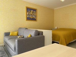 a living room with a couch and a bed at 533 - Appartement T1 situé à quelques pas de la grande plage d'Erquy et du centre in Erquy