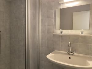 a bathroom with a sink and a mirror and a shower at 533 - Appartement T1 situé à quelques pas de la grande plage d'Erquy et du centre in Erquy