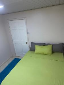 a bedroom with a green bed with a door at KSA Apartments in Georgetown