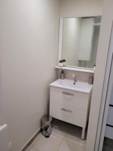 La salle de bains blanche est pourvue d'un lavabo et d'un miroir. dans l'établissement Studio Corbas, à Corbas