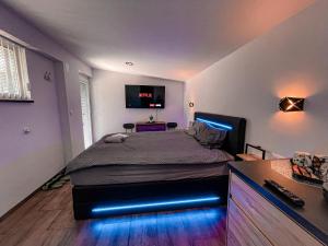 um quarto com uma cama com luzes LED azuis em Green Oasis Garden em Šenčur