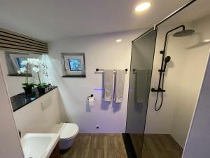 a bathroom with a shower and a toilet and a sink at Green Oasis Garden in Šenčur