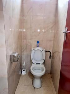 a bathroom with a white toilet in a stall at Tranquil Room in Apartment in Lusaka