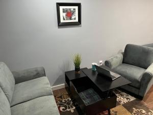 uma sala de estar com um sofá e uma mesa com um computador portátil em Plush garden level apartment near Stowe em Morristown