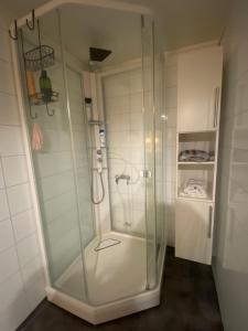 um chuveiro com uma porta de vidro na casa de banho em Cozy cabin with amazing sauna house em Straumen