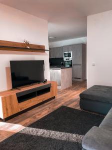 a living room with a large flat screen tv at Residenz Bergzauber in Ötztal-Bahnhof