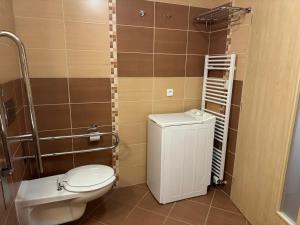 a small bathroom with a toilet and a shower at Apartment 416 with mountain view in Hotel Crocus, Strbske Pleso in Štrbské Pleso +27 photos