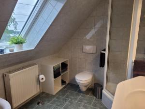 a bathroom with a toilet and a window at FeWo Weitblick in Höhenlage von Greiz in Greiz