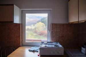 a kitchen with a stove and a large window at Casa Ana in Crasna