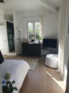 Schlafzimmer mit einem Bett, einem Schreibtisch und einem TV in der Unterkunft Lou Pantai, Bed and Breakfast, Delux Bedroom in Aix-en-Provence