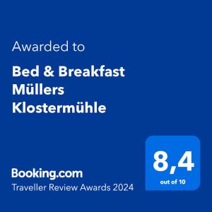 Sijil, anugerah, tanda atau dokumen lain yang dipamerkan di Bed & Breakfast Müllers Klostermühle