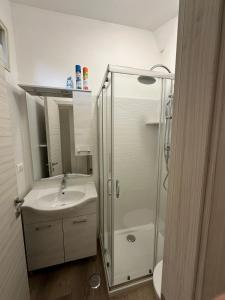 a bathroom with a sink and a glass shower at Villa Maria in Lamezia Terme