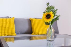 un jarrón con un girasol sentado en una mesa de cristal en LuxSevilla Piscina Parking Gratis, en Bormujos