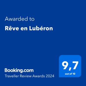 Certifikat, nagrada, logo ili neki drugi dokument izložen u objektu Rêve en Lubéron