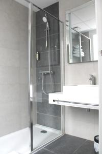 a bathroom with a shower and a sink at Avia H&ocirc;tel Saphir Montparnasse in Paris
