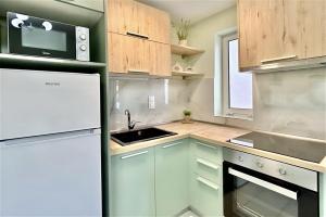 a kitchen with a white refrigerator and a sink at Eleftheria Apartments Polychrono in Polychrono