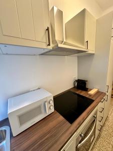 a small kitchen with a white microwave on a counter at Casa Vanchiglia - Centro in Turin