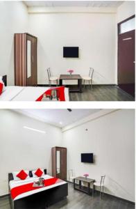 duas fotografias de um quarto com uma cama e uma mesa em Hotel Heaven residency em Greater Noida