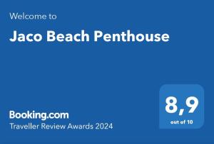 Certifikát, hodnocení, plakát nebo jiný dokument vystavený v ubytování Jaco Beach Penthouse