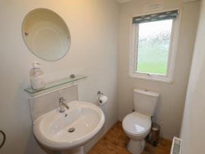 een badkamer met een wastafel, een toilet en een spiegel bij Wayside Lodge in Craven Arms