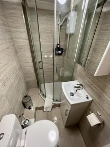 a bathroom with a toilet and a sink and a shower at Malvern Road Studios in London +26 photos