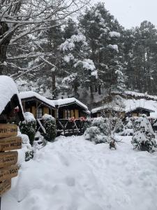 un patio cubierto de nieve con una casa en el fondo en La Posada Cercedilla, en Cercedilla