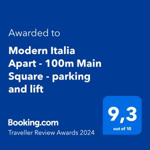 Certifikát, ocenenie alebo iný dokument vystavený v ubytovaní Modern Italia Apart - 100m Main Square - parking and lift