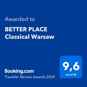 Certifikát, ocenenie alebo iný dokument vystavený v ubytovaní BETTER PLACE Classical Warsaw