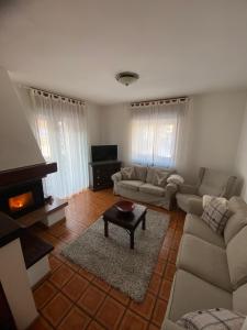 sala de estar con sofá y chimenea en Mountain Apartments Tarvisio en Tarvisio