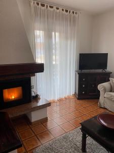 a living room with a fireplace and a television at Mountain Apartments Tarvisio in Tarvisio