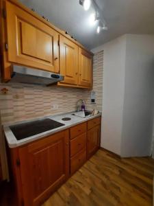 une cuisine avec des armoires en bois et un évier dans l'établissement Ski House Marmotta, à Borgata Sestriere