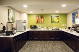 a large kitchen with brown cabinets and green walls at Sleep Inn & Suites Omaha Airport in Omaha