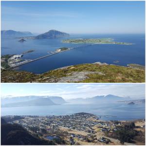 YtterlandにあるLeilighet nær flyplass og Ålesund sentrumの二枚の町と湖