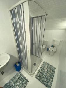 a bathroom with a shower and a sink and a toilet at Green House Trecastagni in Trecastagni