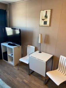 a living room with two chairs and a tv and a table at Spørkel Landbruk in Lier